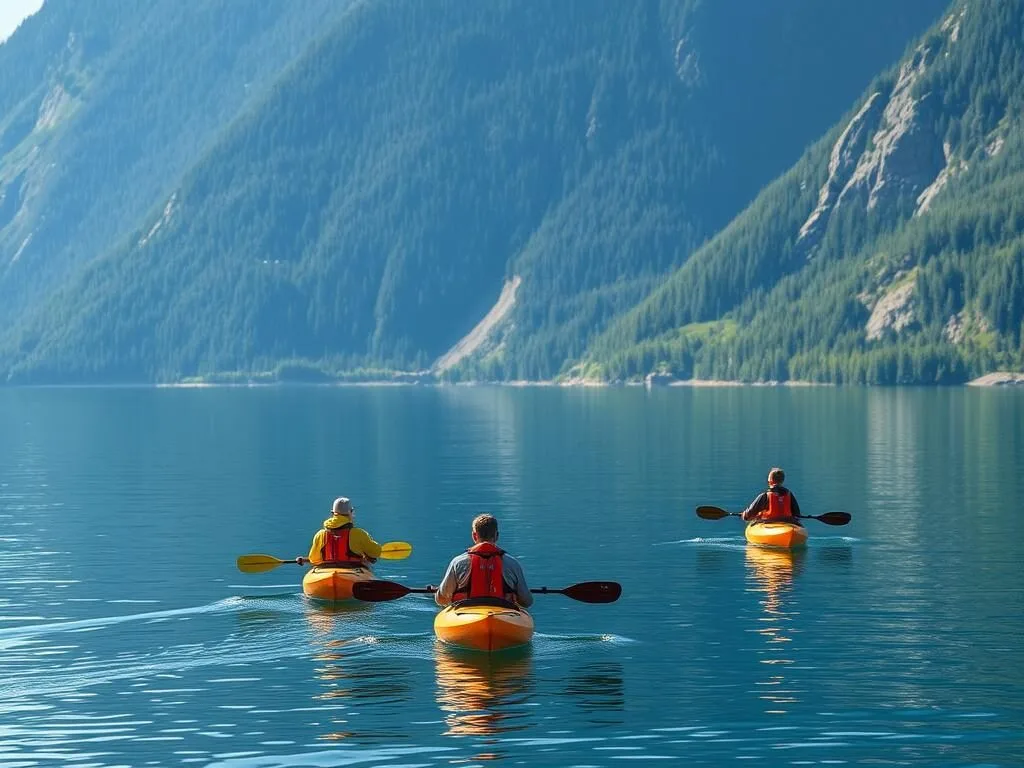 Kayakers exploring fjords in Pumalin Park Chile with mountains in background