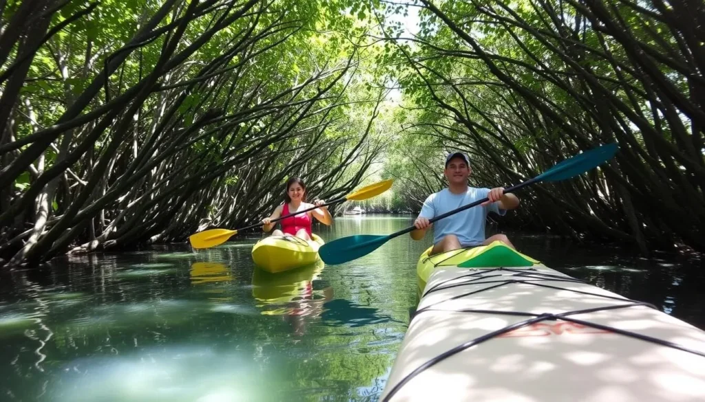 Kayakers exploring mangrove tunnels at Estero Bay Preserve State Park Florida