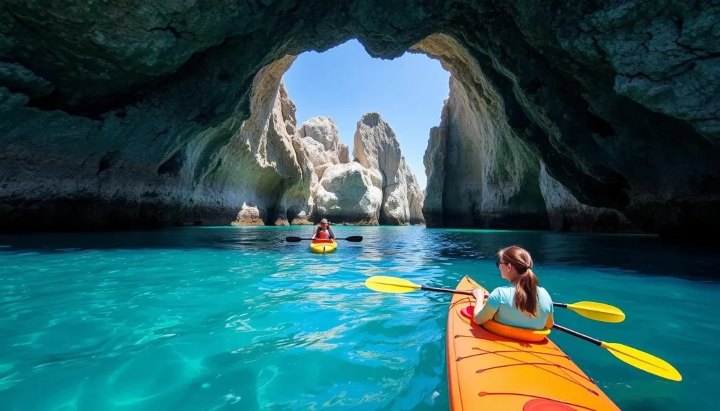 Kayakers exploring sea caves along the coastline of Santa Cruz Island in Channel Islands National Park