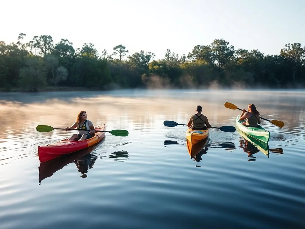 Kayakers exploring the Buster Island Paddling Trail on Lake Kissimmee with cypress trees