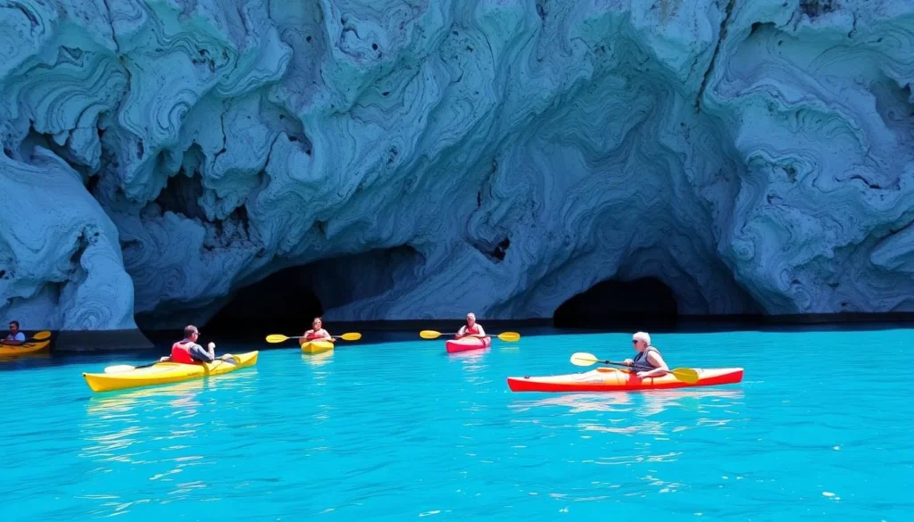 Kayakers exploring the Marble Caves on Lake General Carrera
