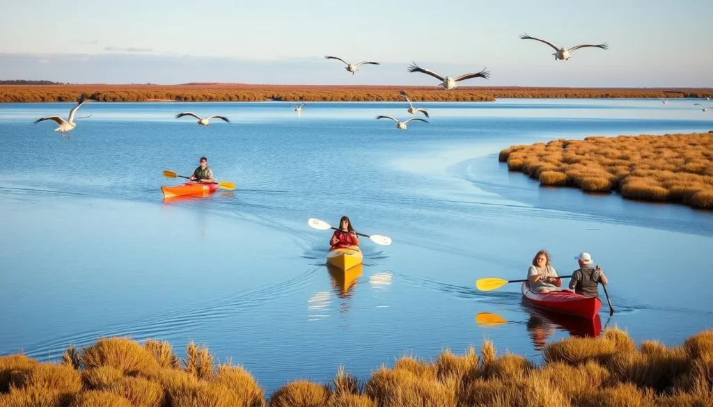 Kayakers exploring the calm waters of Coorong National Park, South Australia with pelicans flying overhead