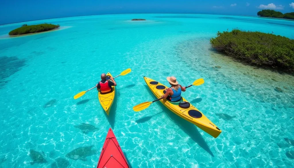 Kayakers exploring the clear waters and mangroves around Conch Key Florida