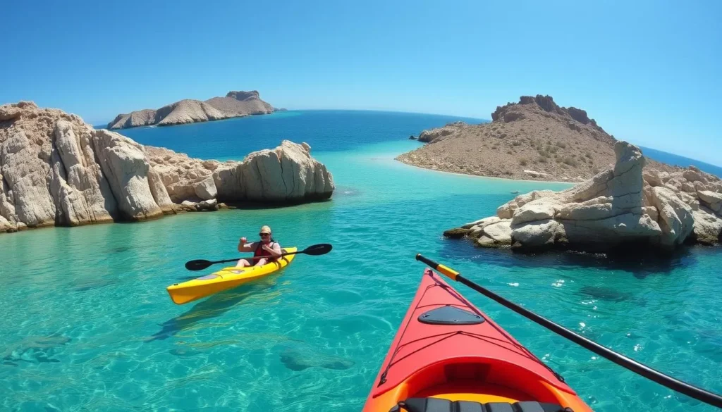 Kayakers exploring the clear waters and rocky coastline of Bahia de Loreto National Park