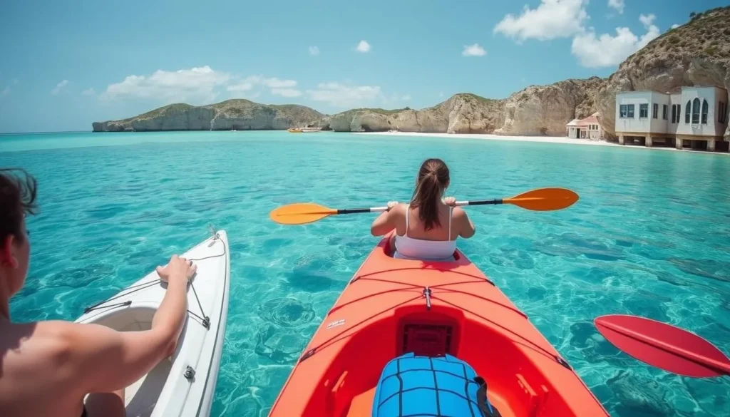 Kayakers exploring the coastline of Cayo Icacos with clear views of underwater marine life Kayakers exploring the coastline of Cayo Icacos with clear views of underwater marine life