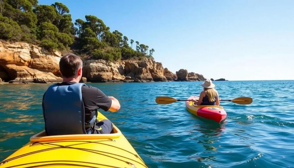 Kayakers exploring the coastline of Eurobodalla National Park near Congo Creek
