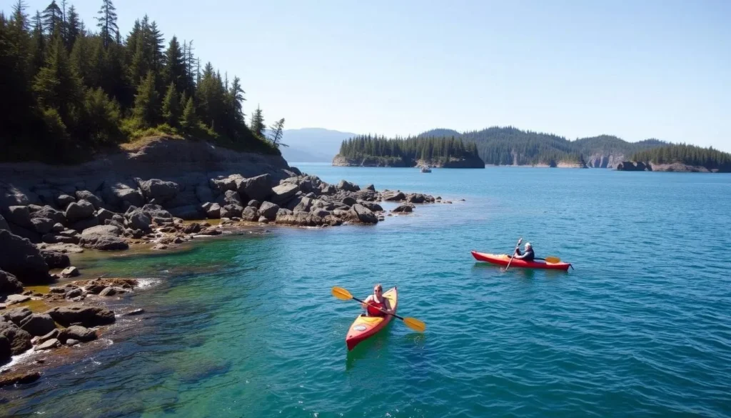 Kayakers exploring the coastline of Gwaii Haanas National Park with forested islands in the background