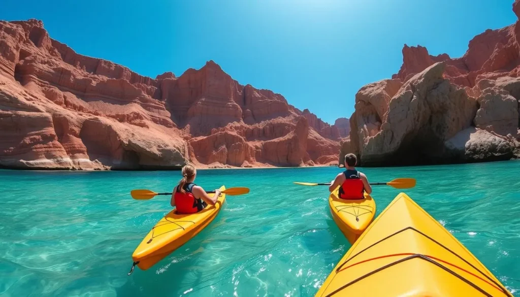 Kayakers exploring the coastline of Isla Partida, Mexico