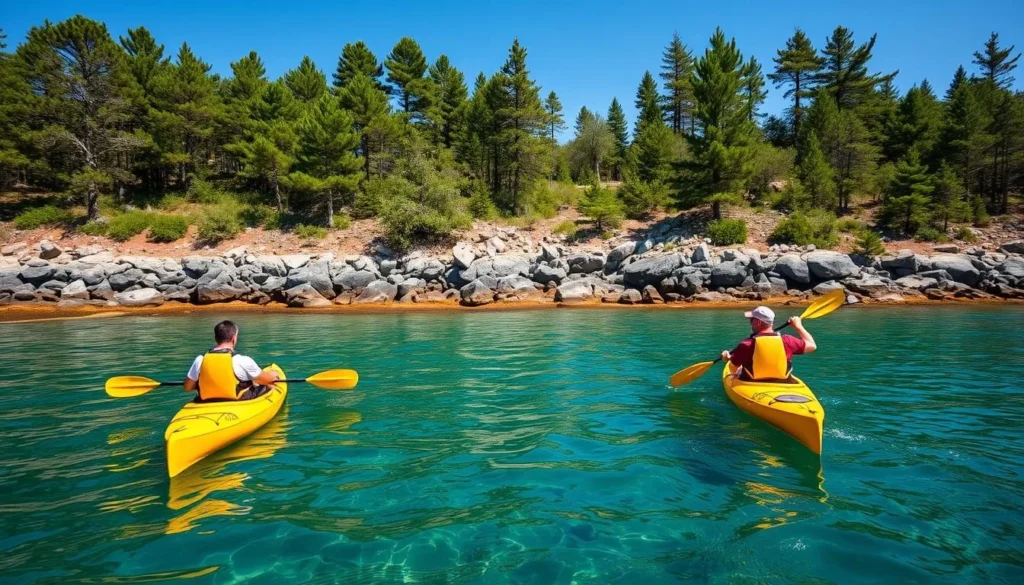Kayakers exploring the coastline of Islesboro Island with forested shoreline and clear waters