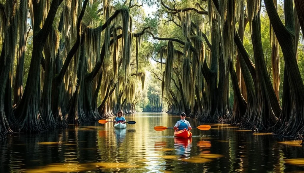 Kayakers exploring the cypress-lined waterways of Caddo Lake State Park Kayakers exploring the cypress-lined waterways of Caddo Lake State Park