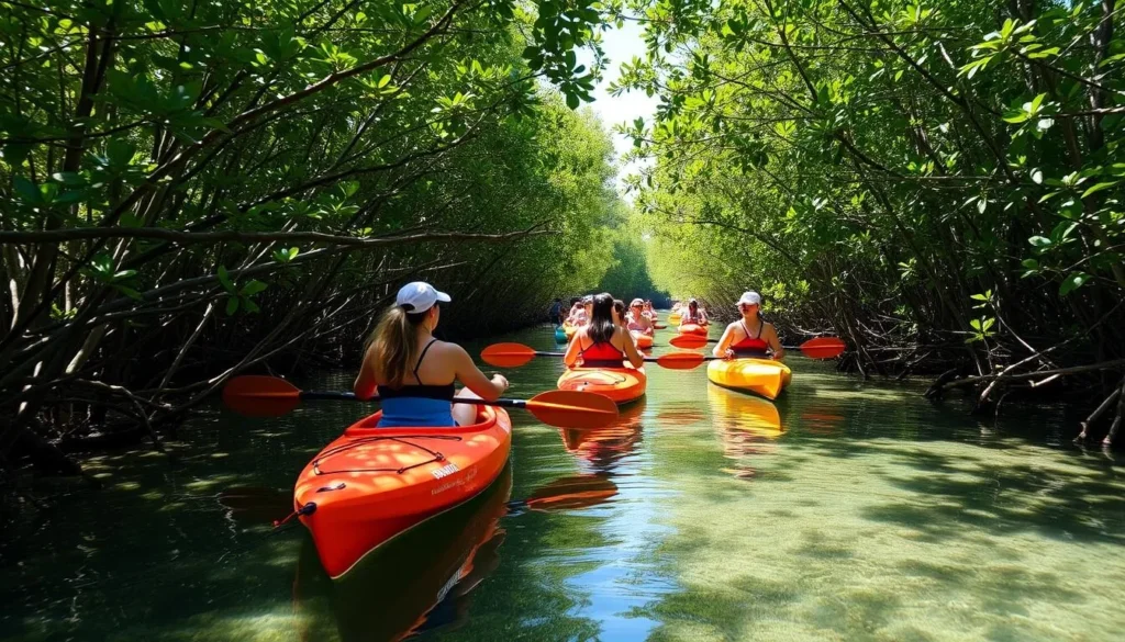 Kayakers exploring the mangrove channels of Biscayne National Park, Florida Kayakers exploring the mangrove channels of Biscayne National Park, Florida