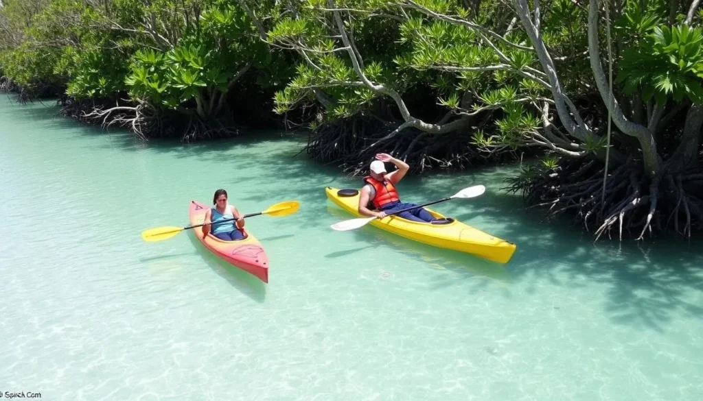 Kayakers exploring the mangrove shoreline around Lignumvitae Key Botanical State Park Kayakers exploring the mangrove shoreline around Lignumvitae Key Botanical State Park