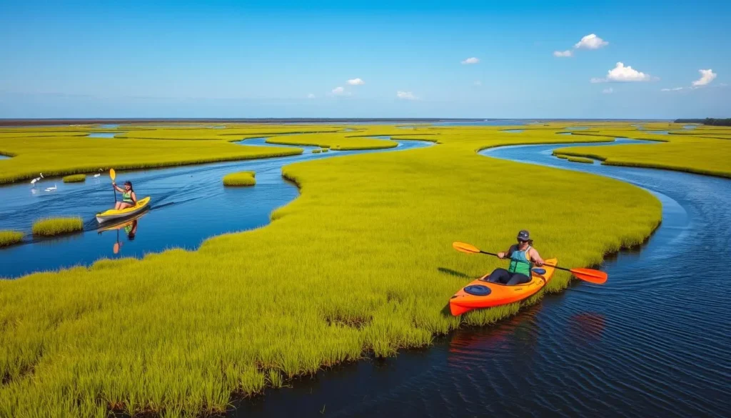 Kayakers exploring the marshlands around Folly Island with wildlife and lush vegetation