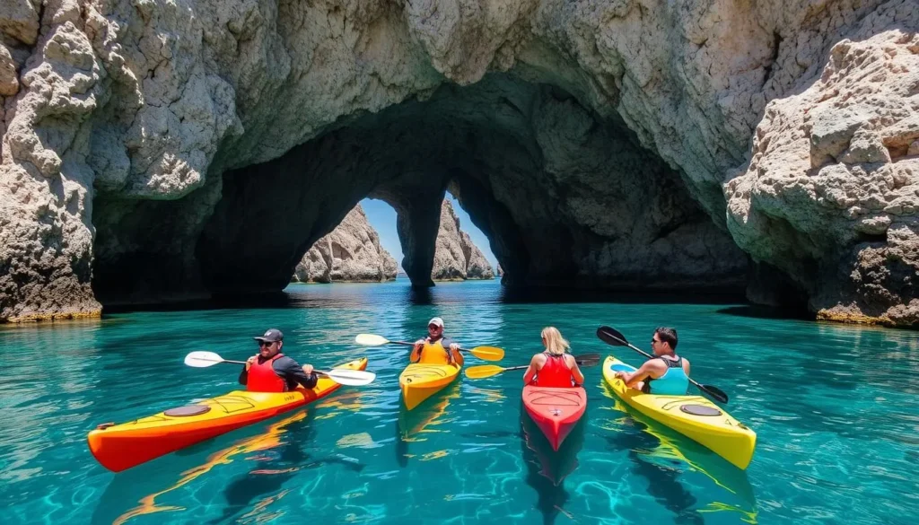 Kayakers exploring the sea caves and rock formations around Isla Todos Santos