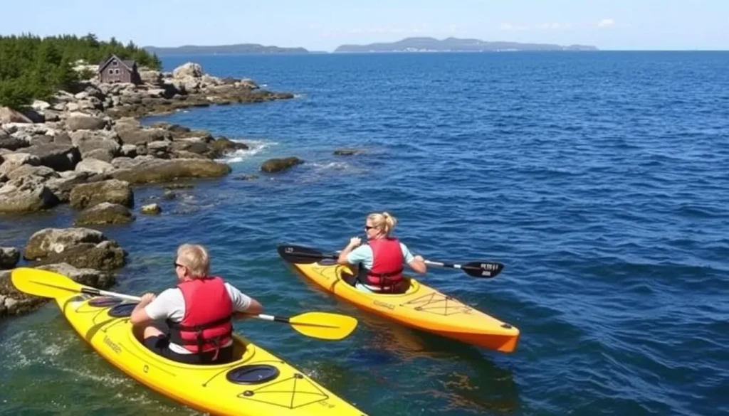 Kayakers exploring the shoreline of Little Cranberry Island with Mount Desert Island in background Kayakers exploring the shoreline of Little Cranberry Island with Mount Desert Island in background
