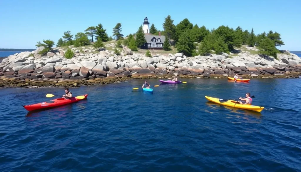 Kayakers exploring the shoreline of a Casco Bay Island in Maine with lighthouse in background
