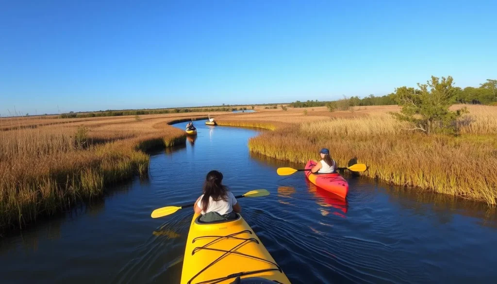 Kayakers exploring the tidal creeks of Johns Island with wildlife visible