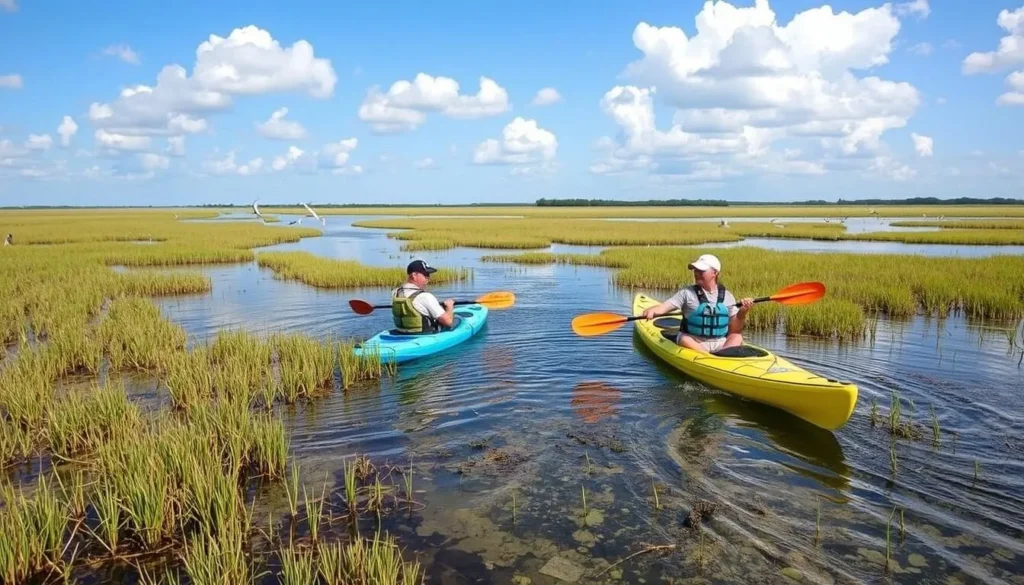 Kayakers exploring the tidal marshes at Bald Point State Park Florida with wildlife