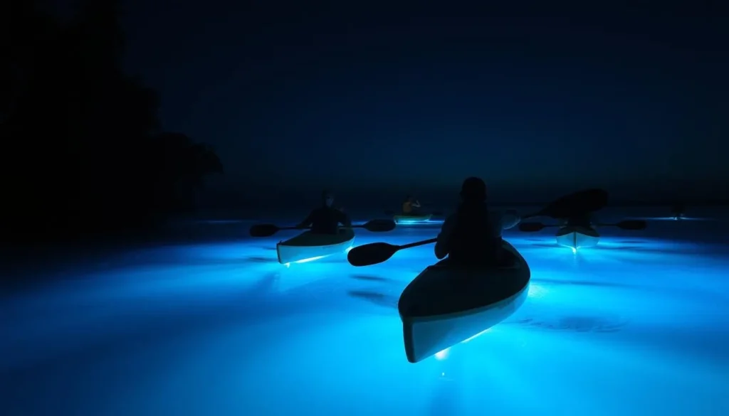 Kayakers in Laguna Grande bioluminescent bay at night with glowing blue waters