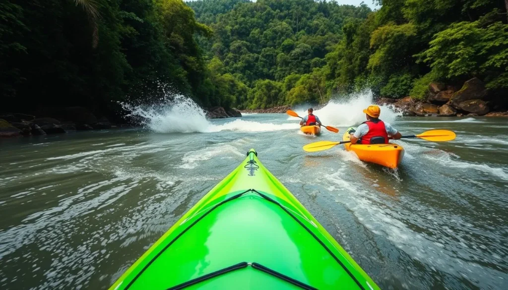 Kayakers navigating rapids on a river in Kayan Mentarang National Park surrounded by lush rainforest