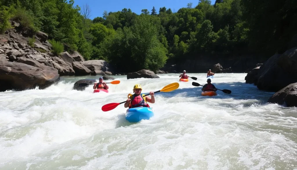 Kayakers navigating the rapids below Great Falls Dam at Rock Island State Park Kayakers navigating the rapids below Great Falls Dam at Rock Island State Park