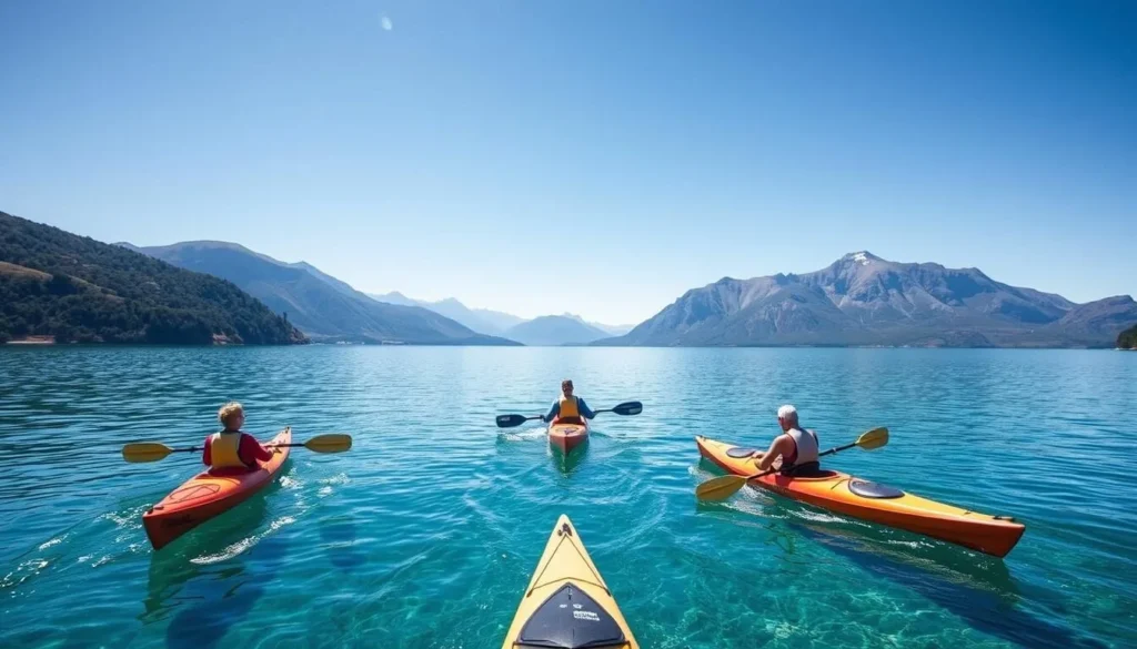 Kayakers on Lake Nahuel Huapi with mountains in the background