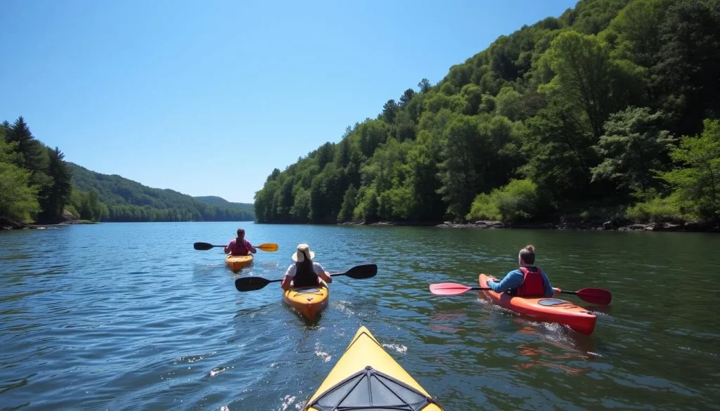 Kayakers on the Potomac River near Shepherdstown with forested shoreline