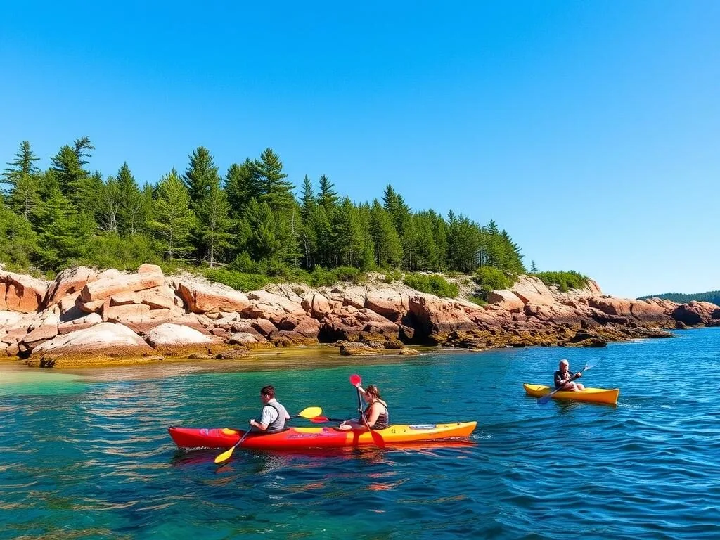 Kayakers paddling along the rocky coastline of Chebeague Island