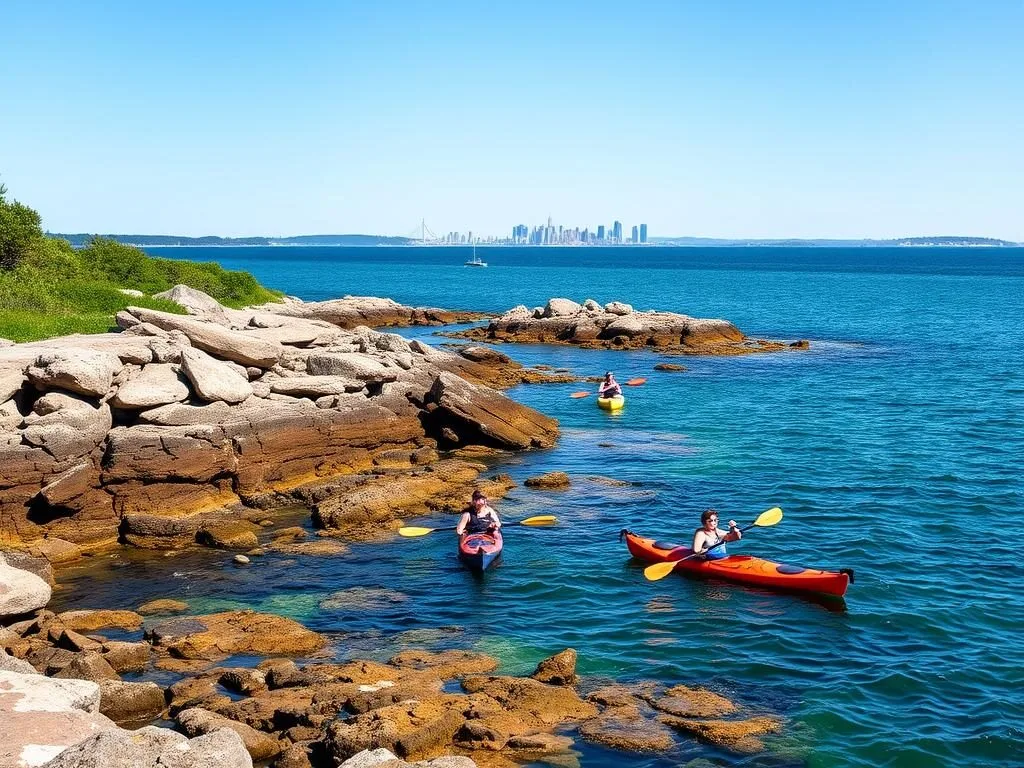 Kayakers paddling along the rocky coastline of Peaks Island Kayakers paddling along the rocky coastline of Peaks Island