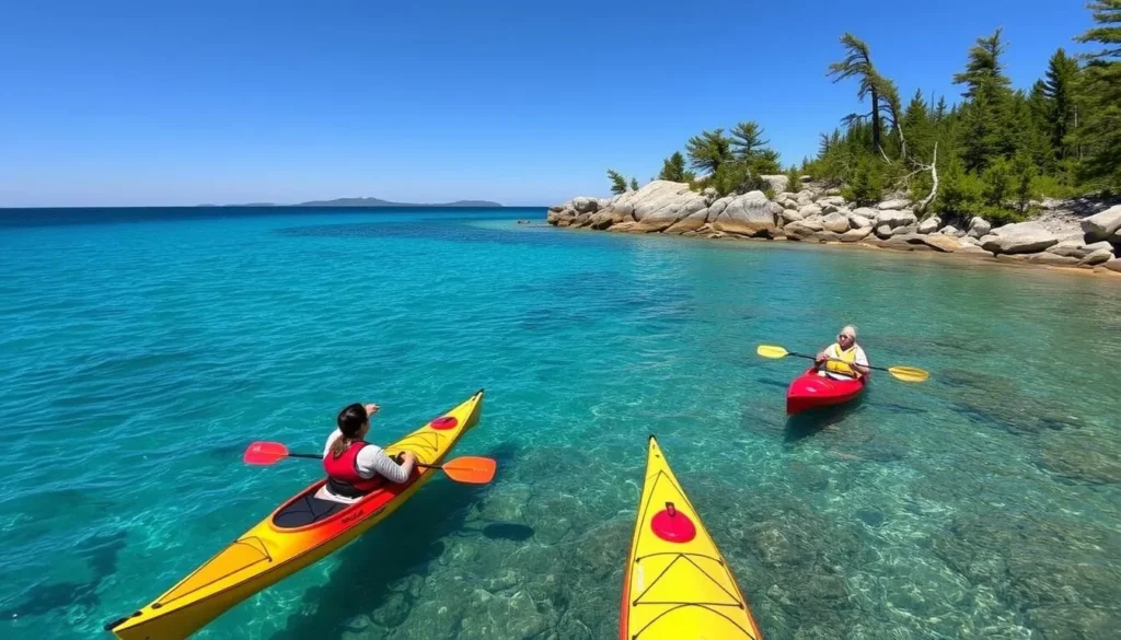 Kayakers paddling along the rocky shoreline of Georgian Bay Islands National Park