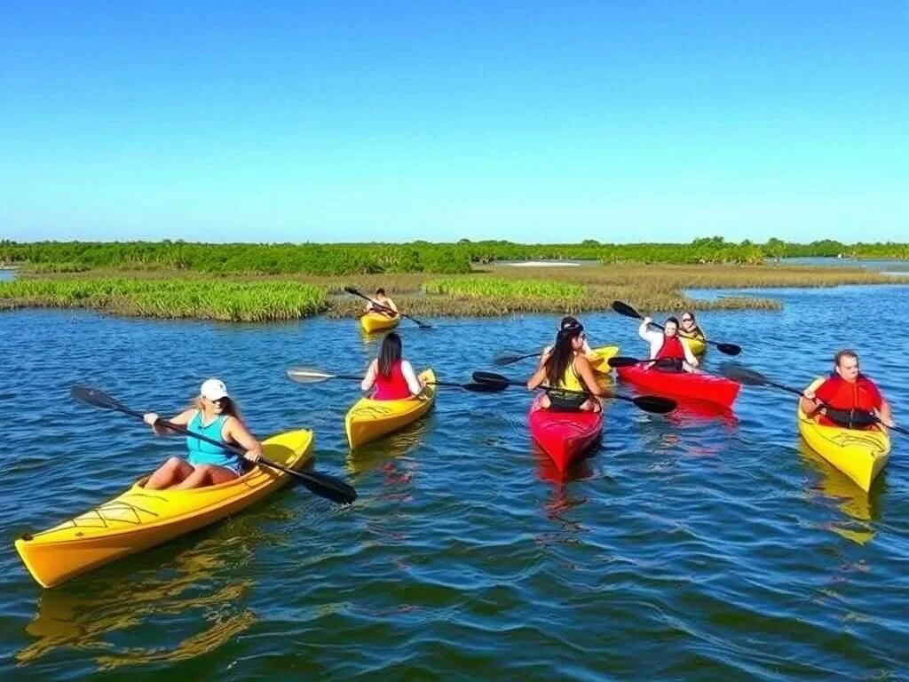 Kayakers paddling in Apalachicola Bay near St. George Island State Park Kayakers paddling in Apalachicola Bay near St. George Island State Park