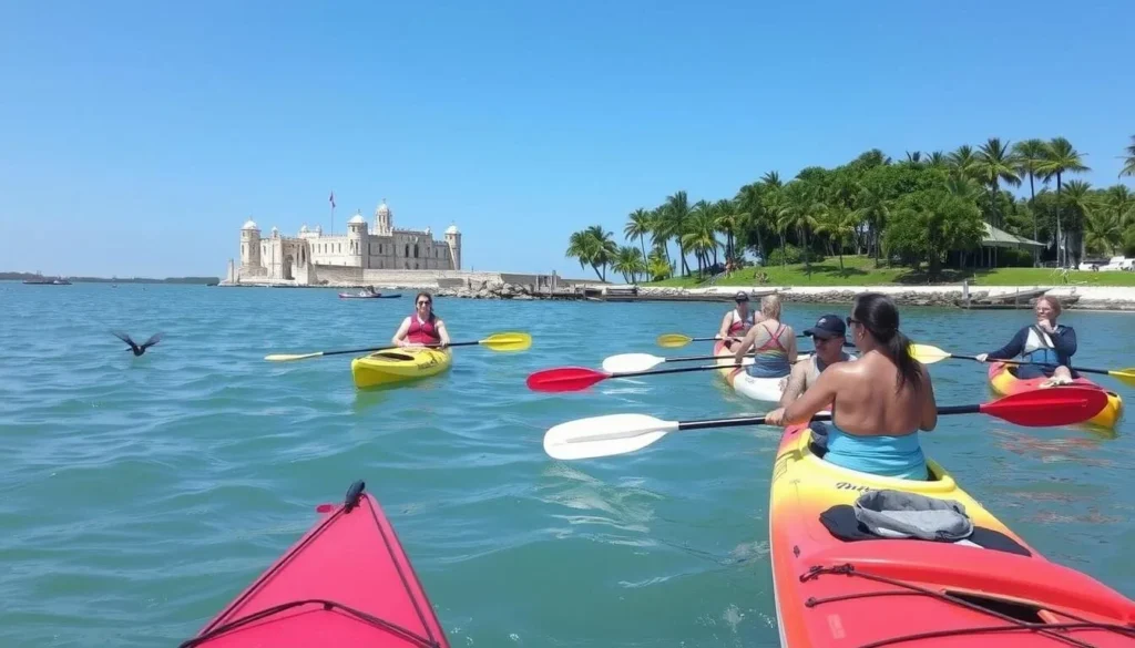 Kayakers paddling in Matanzas Bay near Castillo de San Marcos Kayakers paddling in Matanzas Bay near Castillo de San Marcos