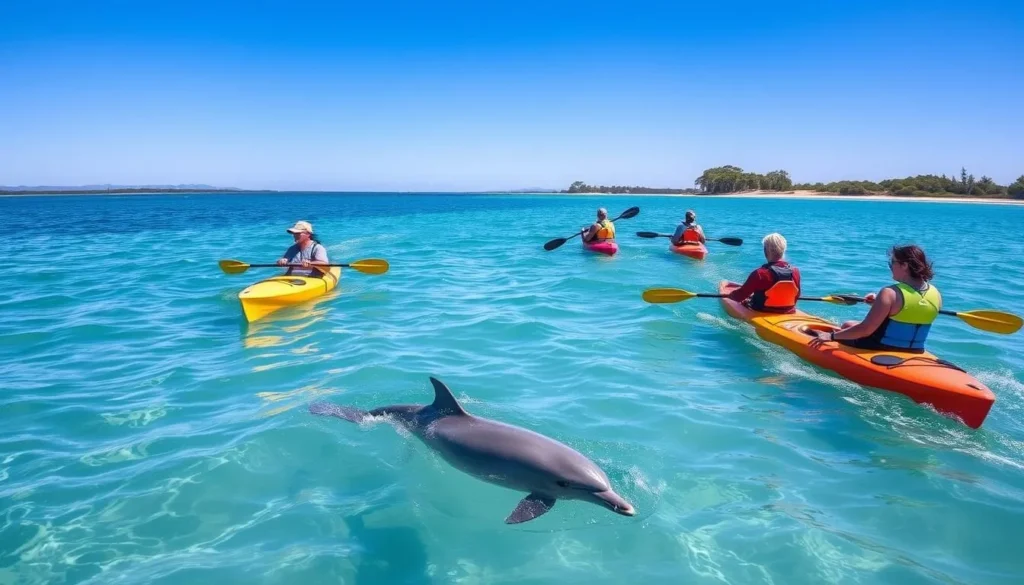 Kayakers paddling in calm waters of Hervey Bay with dolphins nearby Kayakers paddling in calm waters of Hervey Bay with dolphins nearby