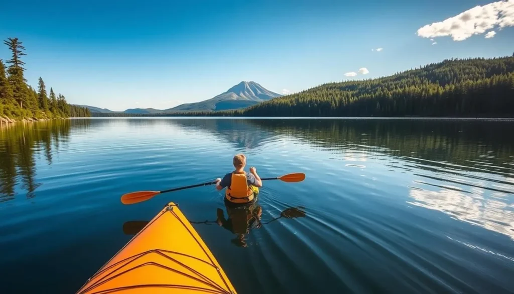 Kayakers paddling on Debsconeag Lakes with Mount Katahdin visible in the background