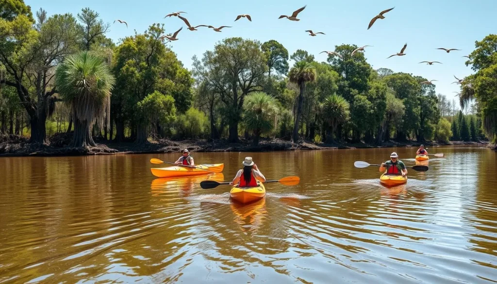 Kayakers paddling on Dunns Creek with cypress trees and wildlife Kayakers paddling on Dunns Creek with cypress trees and wildlife