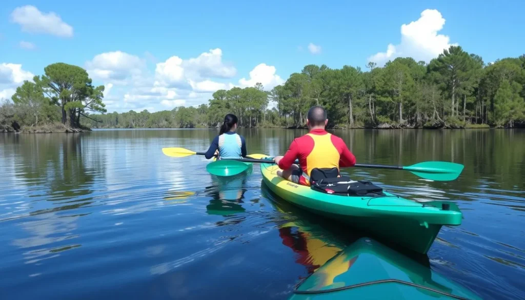 Kayakers paddling on Lake Louisa with cypress trees in the background Kayakers paddling on Lake Louisa with cypress trees in the background