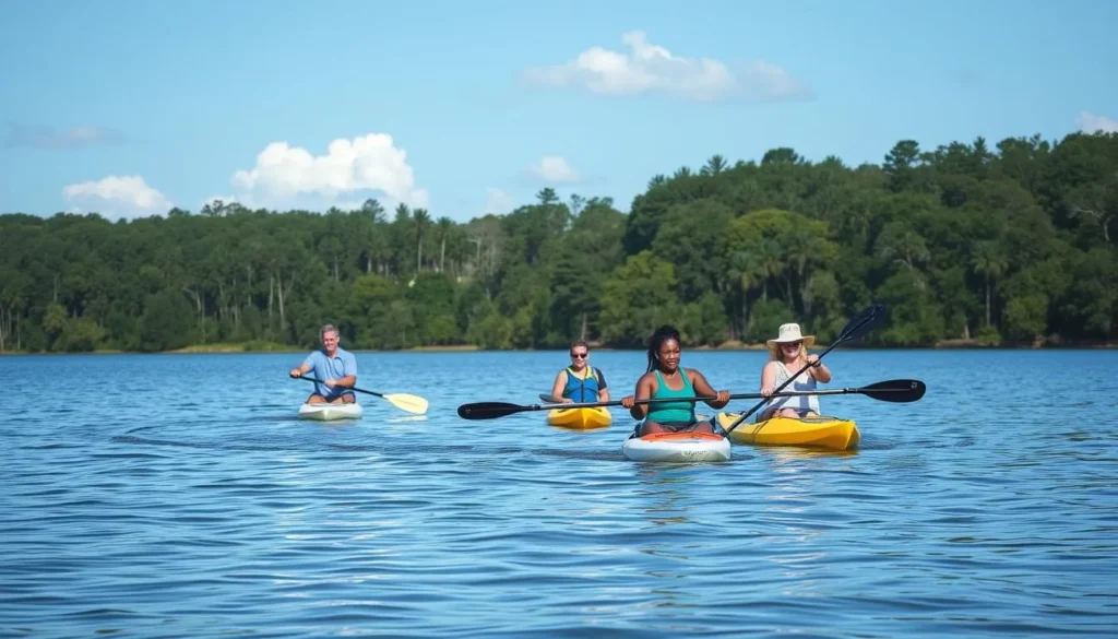 Kayakers paddling on Lake Manatee with forested shoreline Kayakers paddling on Lake Manatee with forested shoreline