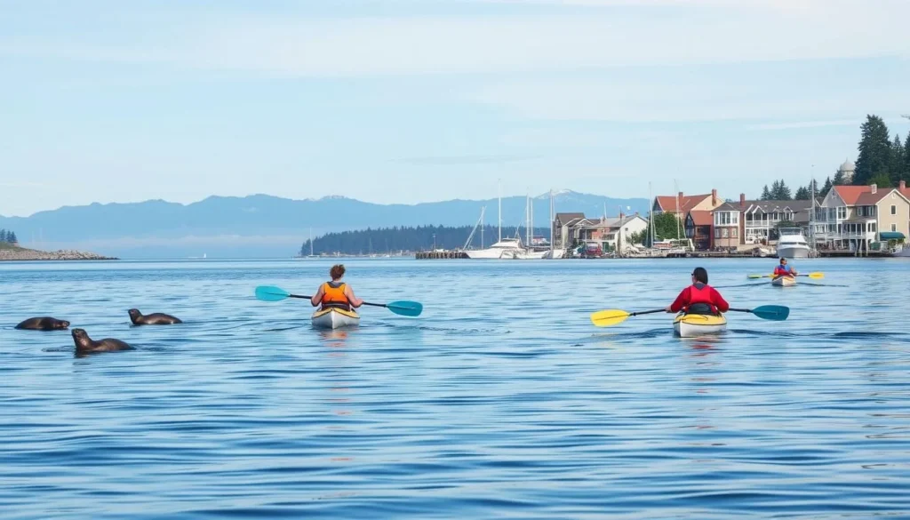 Kayakers paddling on Liberty Bay in Poulsbo with harbor seals nearby