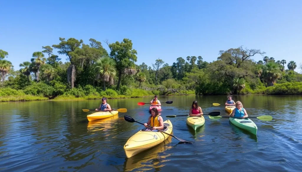 Kayakers paddling on Wakulla River with cypress trees in background