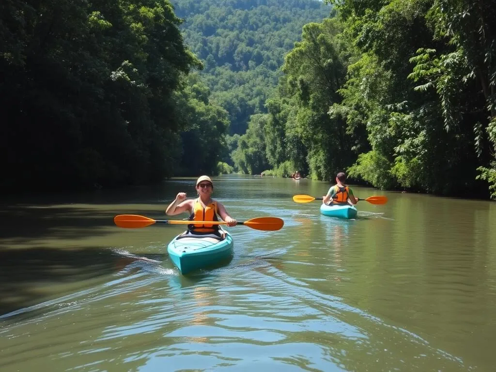 Kayakers paddling on a river through Marolambo National Park surrounded by forest