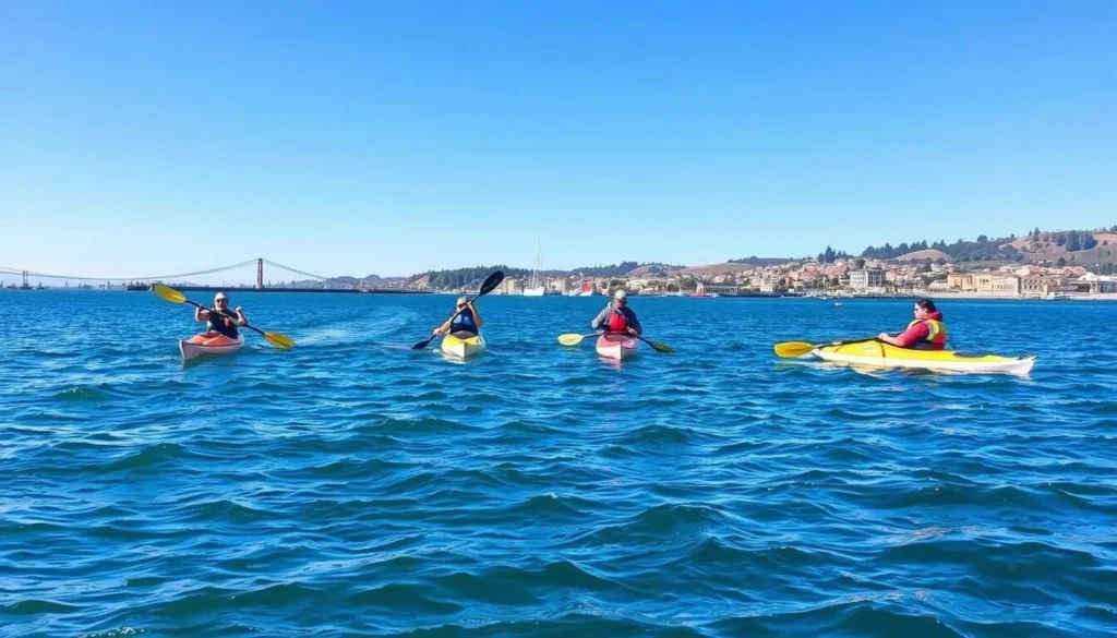 Kayakers paddling on the Carquinez Strait near Benicia with the waterfront visible in the background Kayakers paddling on the Carquinez Strait near Benicia with the waterfront visible in the background