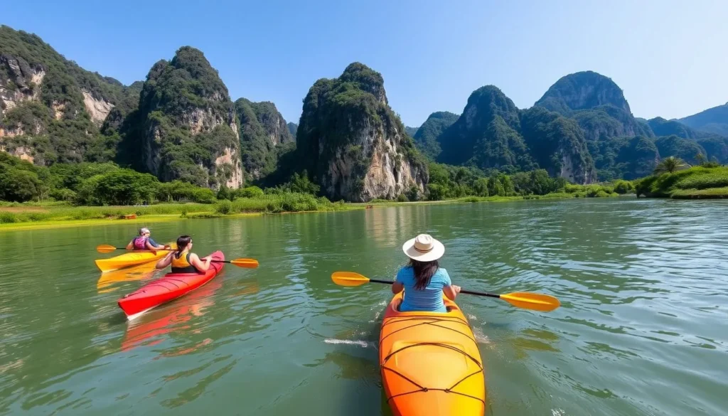 Kayakers paddling on the Nam Song River with limestone cliffs in background, popular Vang Vieng, Laos things to do