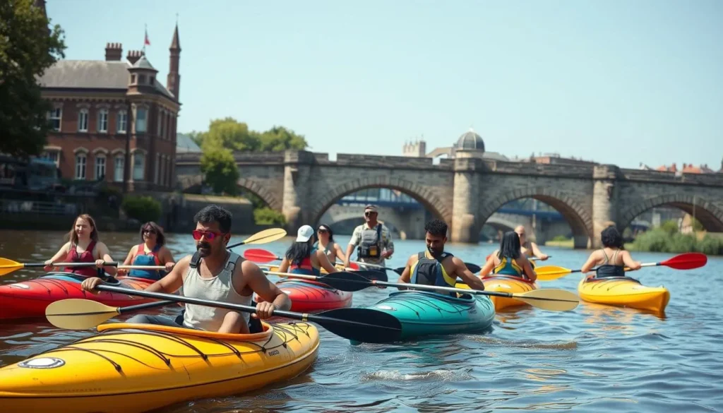 Kayakers paddling on the River Dee through Chester with the Old Dee Bridge and city walls in the background