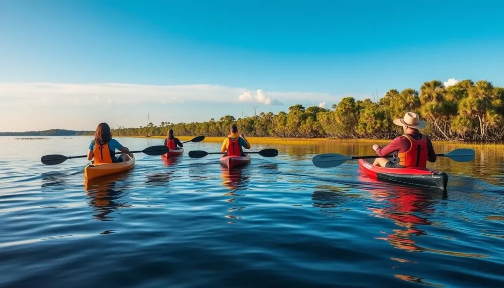 Kayakers paddling through calm waters at Smith Creek in North Peninsula State Park