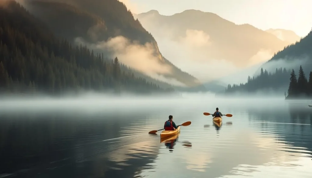Kayakers paddling through calm waters with forested mountains of the Great Bear Rainforest in the background