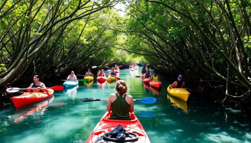 Kayakers paddling through mangrove tunnels at Curry Hammock State Park