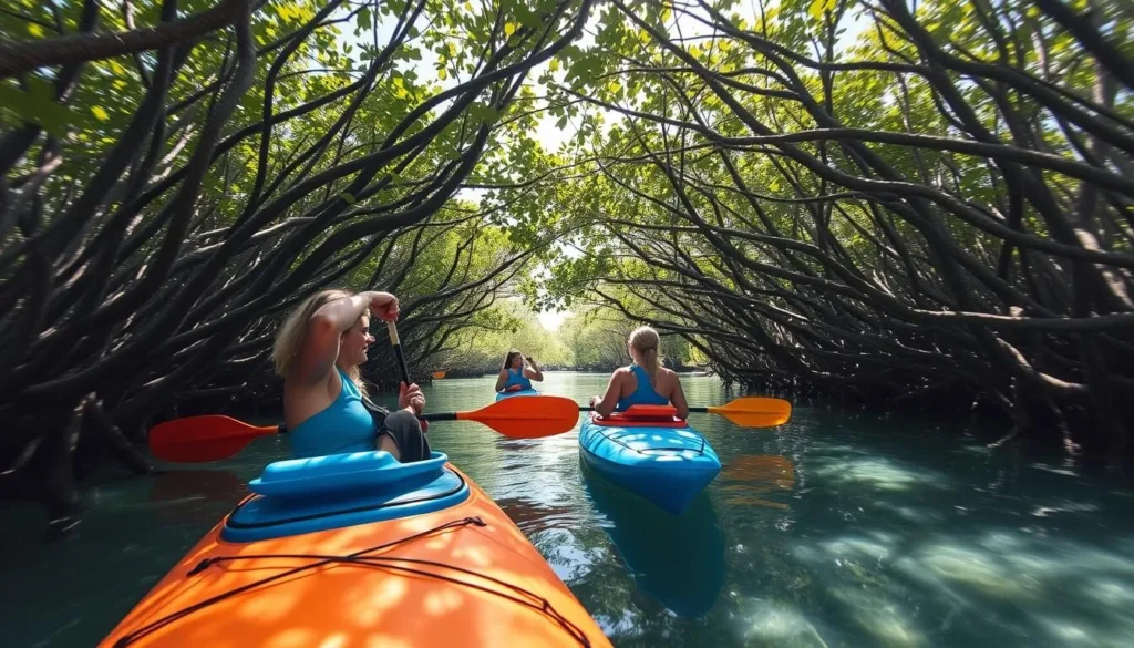 Kayakers paddling through mangrove tunnels in Charlotte Harbor Preserve State Park Kayakers paddling through mangrove tunnels in Charlotte Harbor Preserve State Park