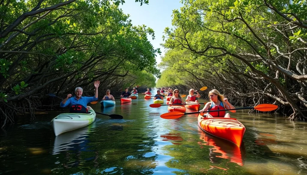 Kayakers paddling through mangrove tunnels in Collier-Seminole State Park