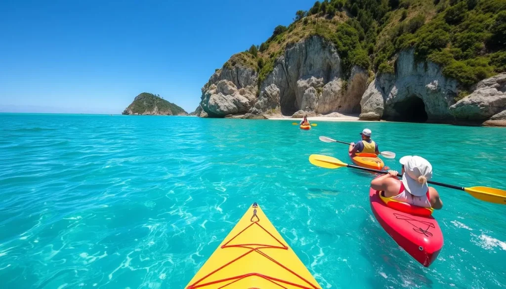 Kayaking along the coastline of Waiheke Island with clear waters and secluded beaches