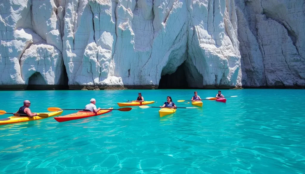 Kayaking along the dramatic coastline of Chekka, Lebanon with limestone cliffs